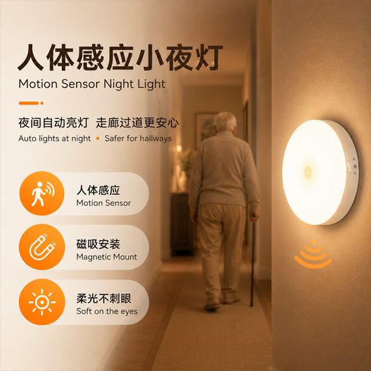 人体感应充电小夜灯｜夜间自动亮灯，适合床边、走廊与浴室 Rechargeable Motion Sensor Night Light for Bedroom, Hallway & Bathroom